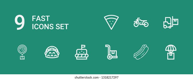 Editable 9 fast icons for web and mobile. Set of fast included icons line Delivery, Hot dog, Cargo, Burger, Taco, Logistics, Motorbike, Pizza on green background