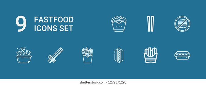 Editable 9 fastfood icons for web and mobile. Set of fastfood included icons line Hotdog, French fries, Chopsticks, Nachos, Junk food, Onion rings on blue background