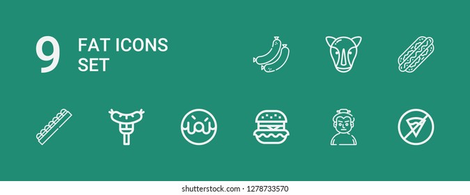 Editable 9 fat icons for web and mobile. Set of fat included icons line No fast food, Sumo, Hamburguer, Donut, Sausage, Chocolate, Hot dog, Rhino, Sausages on green background