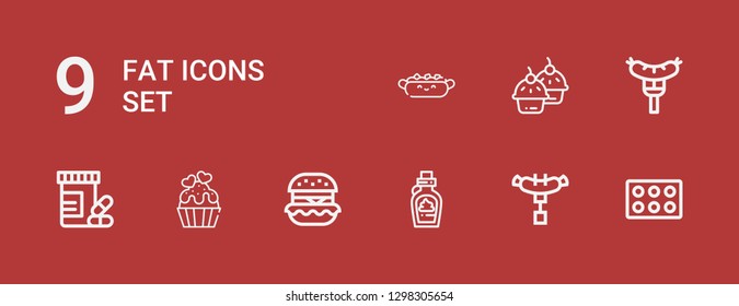 Editable 9 fat icons for web and mobile. Set of fat included icons line Cupcake, Sausage, Chocolate, Hamburguer, Vitamins, Hot dog on red background