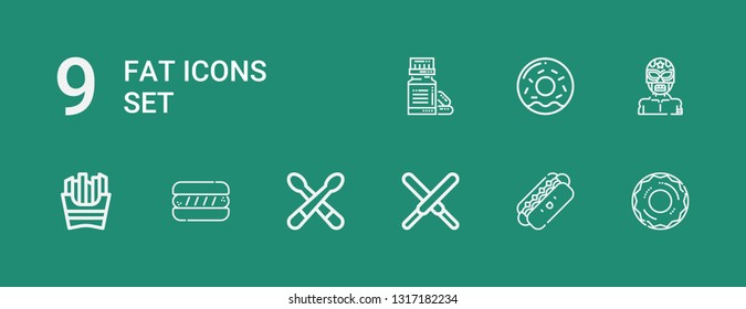 Editable 9 fat icons for web and mobile. Set of fat included icons line Donut, Hot dog, Chocolate, Drumsticks, French fries, Wrestler, Vitamin on green background