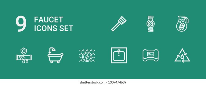 Editable 9 faucet icons for web and mobile. Set of faucet included icons line Water, Soap, Sink, Bathtub, Pipe, Pipes, Plunger on green background