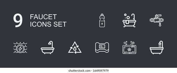 Editable 9 faucet icons for web and mobile. Set of faucet included icons line Bathtub, Soap, Water, Bath, Pipe on dark background