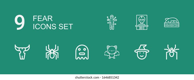 Editable 9 fear icons for web and mobile. Set of fear included icons line Spider, Witch, Bat, Ghost, Skull, Shark, Voodoo on green background