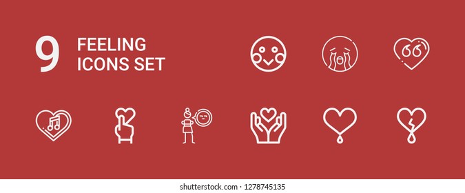 Editable 9 feeling icons for web and mobile. Set of feeling included icons line Heart, Cynicism, Crying, Shy on red background