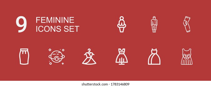 Editable 9 feminine icons for web and mobile. Set of feminine included icons line Dress, Venus, Skirt, Pads on red background
