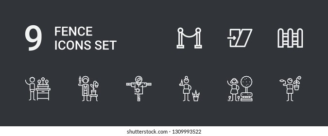 Editable 9 fence icons for web and mobile. Set of fence included icons line Gardener, Garden, Scarecrow, Fence, Shear, Red carpet on dark background
