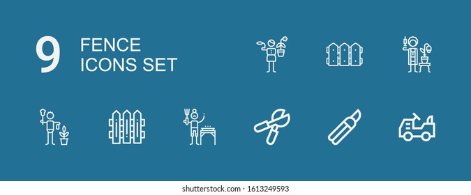 Editable 9 fence icons for web and mobile. Set of fence included icons line Mower, Shears, Pruning shears, Gardener, Fences, Fence on blue background