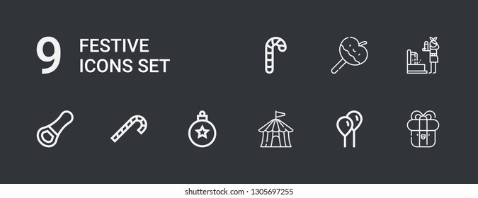 Editable 9 festive icons for web and mobile. Set of festive included icons line Present, Balloon, Circus tent, Bauble, Candy cane, Opener, Fountain, Caramelized apple on dark background