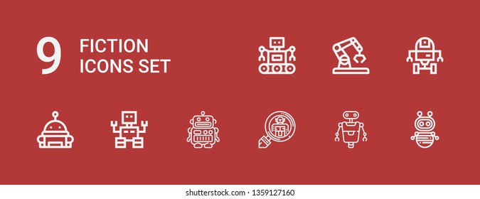 Editable 9 fiction icons for web and mobile. Set of fiction included icons line Robot, Cryptozoology, Space robot on red background