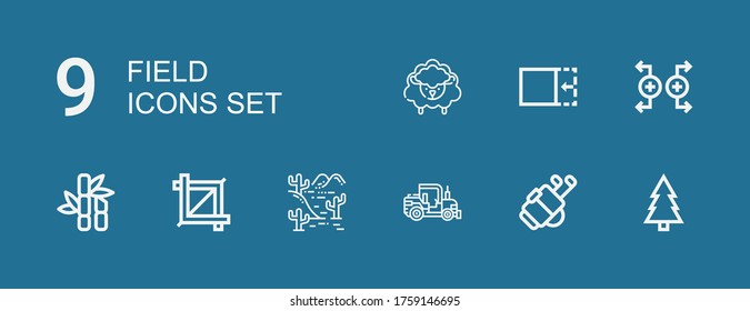 Editable 9 field icons for web and mobile. Set of field included icons line Forest, Golf, Tractor, Desert, Crop, Sugar cane, Magnet, Sheep on blue background