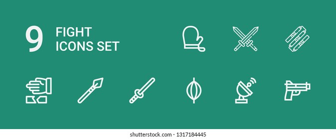 Editable 9 fight icons for web and mobile. Set of fight included icons line Gun, Radar, Punching bag, Sword, Spear, Martial arts, Nunchaku, Swords, Gloves on green background