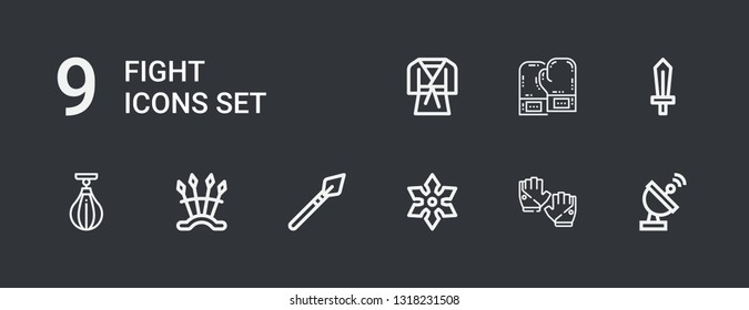 Editable 9 fight icons for web and mobile. Set of fight included icons line Radar, Gloves, Shuriken, Spear, Weapons, Boxing bag, Sword, Boxing gloves, Judo on dark background