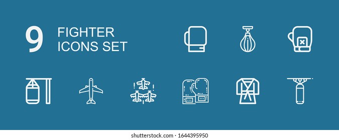 Editable 9 fighter icons for web and mobile. Set of fighter included icons line Punching bag, Judo, Boxing gloves, Aircraft, Boxing bag on blue background