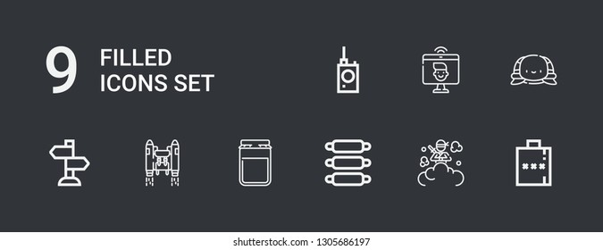 Editable 9 filled icons for web and mobile. Set of filled included icons line Hip flask, Smoke bomb, Ribs, Jam, Jetpack, Sign Post, Turtle, Videocall, Bug detector on dark background