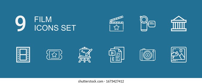 Editable 9 film icons for web and mobile. Set of film included icons line Image, Photography, Video, Easel, Ticket, Film, Theater, Camcorder, Clapperboard on blue background