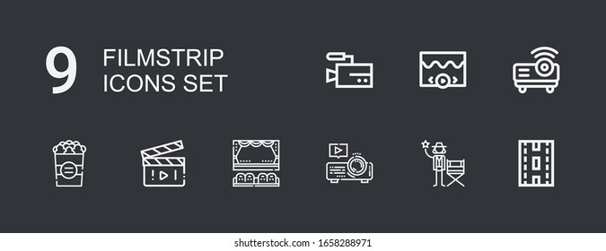 Editable 9 filmstrip icons for web and mobile. Set of filmstrip included icons line Strip, Actor, Projector, Cinema, Movie, Popcorn, Video on dark background