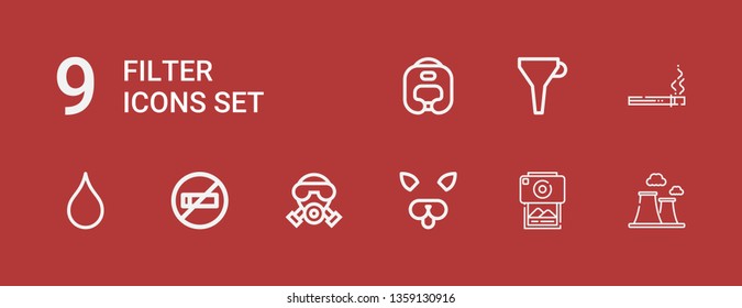Editable 9 filter icons for web and mobile. Set of filter included icons line Chimney, Photography, Filter, Gas mask, No smoking, Blur, Cigarette, Funnel, Boxing helmet on red background