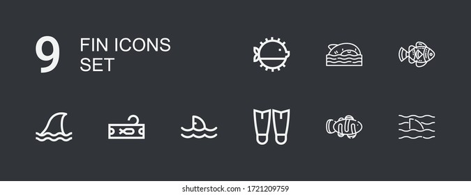 Editable 9 fin icons for web and mobile. Set of fin included icons line Shark, Clown fish, Fins, Tuna, Puffer fish on dark background