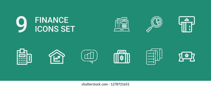 Editable 9 finance icons for web and mobile. Set of finance included icons line Banner, Invoice, Bitcoin, Analytics, Amount, Payment, Atm, Cash register on green background