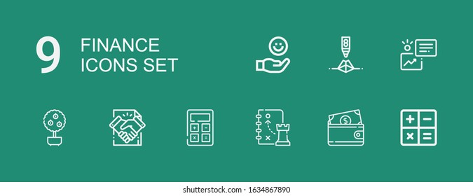 Editable 9 finance icons for web and mobile. Set of finance included icons line Calculate, Wallet, Strategy, Calculator, Deal, Money tree, Statistics, Pyramid on green background