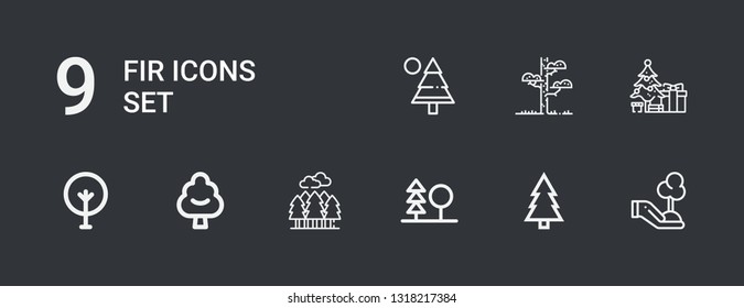 Editable 9 fir icons for web and mobile. Set of fir included icons line Tree, Forest, Christmas tree, Pine on dark background