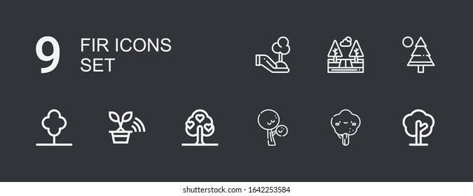 Editable 9 fir icons for web and mobile. Set of fir included icons line Tree, Pine, Trees on dark background