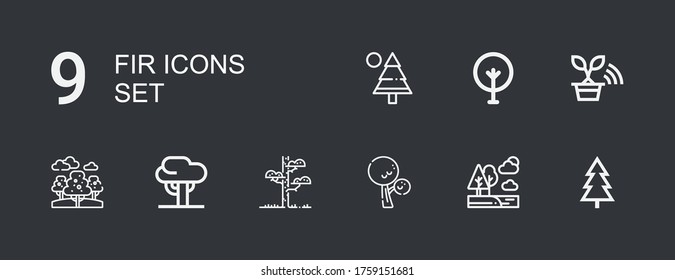 Editable 9 fir icons for web and mobile. Set of fir included icons line Tree, Trees, Pine on dark background
