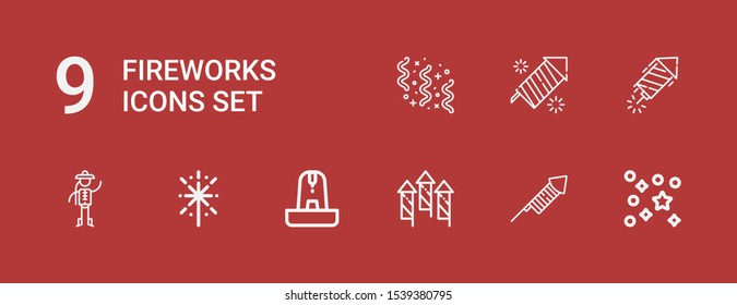 Editable 9 fireworks icons for web and mobile. Set of fireworks included icons line Confetti, Fireworks, Fountain, Chinese, Petard on red background