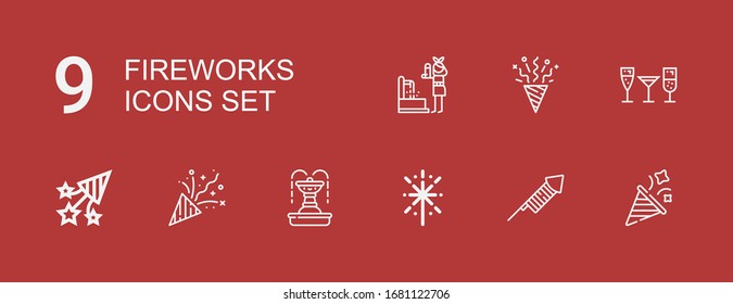Editable 9 iconos de fuegos artificiales para web y móvil. Conjunto de fuegos artificiales incluidos íconos línea Partido, fuegos artificiales, Fuente, Confetti, Stemware sobre fondo rojo