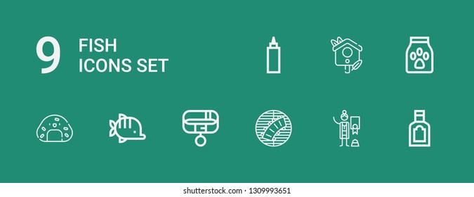 Editable 9 fish icons for web and mobile. Set of fish included icons line Food, Veterinarian, Ribs, Collar, Fish, Onigiri, Bird house, Sauce on green background