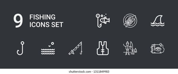 Editable 9 fishing icons for web and mobile. Set of fishing included icons line Fish, Ice fishing, Lifejacket, Sea, Hook, Shark on dark background