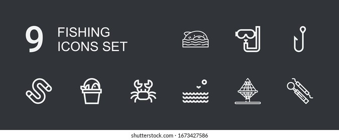 Editable 9 fishing icons for web and mobile. Set of fishing included icons line Hook, Net, Sea, Crab, Fish, Worm, Dive, Shark on dark background