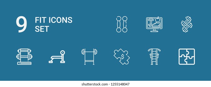 Editable 9 fit icons for web and mobile. Set of fit included icons line Puzzle, Gym station, Bench press, Dumbbell, Lifestyle on blue background