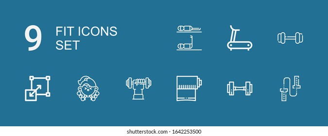 Iconos editables 9 para web y móvil. Conjunto de íconos incluidos línea Saltar cuerda, Dumbbell, alfombra de yoga, Fitness, Stretching, Treadmill sobre fondo azul