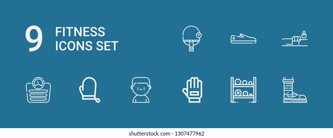 Editable 9 fitness icons for web and mobile. Set of fitness included icons line Shoe, Dumbbell, Glove, Boxer, Gloves, Scale, Fitness, Shoes, Table tennis on blue background