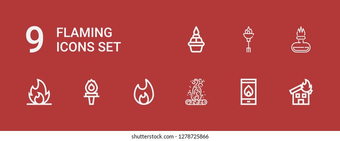 Editable 9 flaming icons for web and mobile. Set of flaming included icons line Fire, Bonfire, Torch, Flame on red background