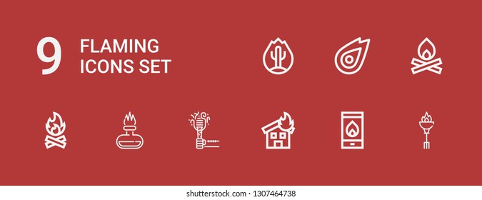 Editable 9 flaming icons for web and mobile. Set of flaming included icons line Torch, Fire, Bonfire on red background