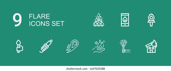 Editable 9 flare icons for web and mobile. Set of flare included icons line Fire, Torch, Spark on green background