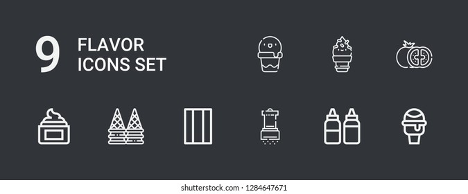 Editable 9 flavor icons for web and mobile. Set of flavor included icons line Icecream, Sauces, Salt, Chewing gum, Ice cream, Cream, Tomato on dark background