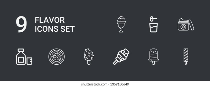 Editable 9 flavor icons for web and mobile. Set of flavor included icons line Ice cream, Popsicle, Hummus, Syrup, Cream, Powder on dark background