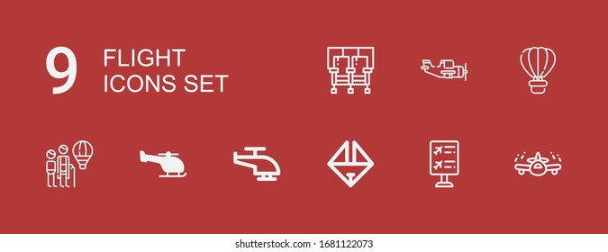 Editable 9 flight icons for web and mobile. Set of flight included icons line Airplane, Flight information, Origami, Helicopter, Hot air balloon, Aeroplane, Seats on red background