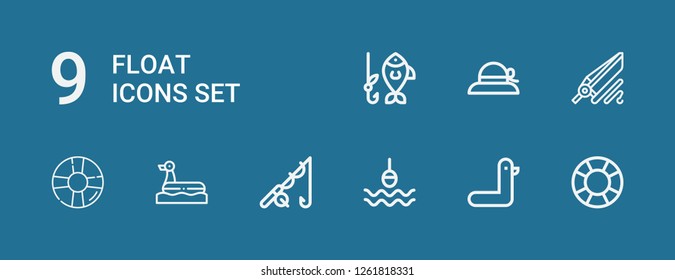 Editable 9 float icons for web and mobile. Set of float included icons line Lifesaver, Duck, Buoy, Fishing, Pamela on blue background