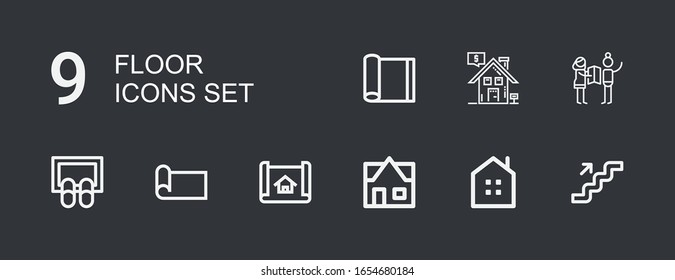 Editable 9 floor icons for web and mobile. Set of floor included icons line Stairs, Real estate, House plan, Yoga mat, Doormat, Planning on dark background