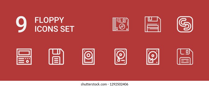Editable 9 floppy icons for web and mobile. Set of floppy included icons line Diskette, Hard disc, Hard drive, Hard disk, Old computer, Safecopy backup, Floppy disk on red background