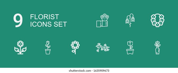 Editable 9 florist icons for web and mobile. Set of florist included icons line Flower, Flowers on green background