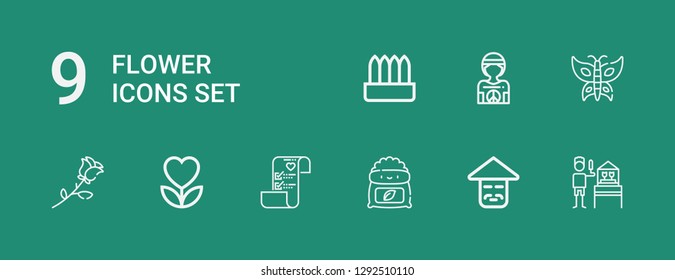 Editable 9 flower icons for web and mobile. Set of flower included icons line Gardener, Chinese, Fertilizer, Wedding plans, Flower, Rose, Butterfly, Hippie on green background