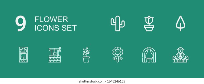 Editable 9 flower icons for web and mobile. Set of flower included icons line Cemetery, Wedding arch, Flower, Plant, Well, Massage, Leaf, Rose, Cactus on green background