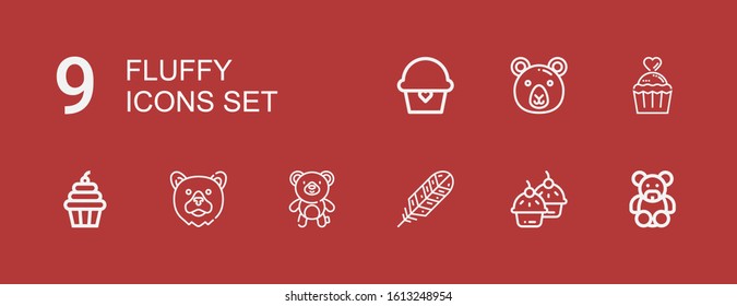Editable 9 fluffy icons for web and mobile. Set of fluffy included icons line Teddy bear, Cupcake, Feather, Bear on red background