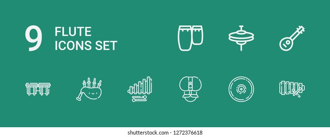 Editable 9 flute icons for web and mobile. Set of flute included icons line Xylophone, Cymbal, Fakir, Bagpipes, Bongos, Mandolin, Cymbals, Conga on green background